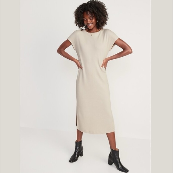 Old Navy Rib-Knit Midi Shift Dress, Oatmeal, Size L | 3317 - Picture 1 of 10